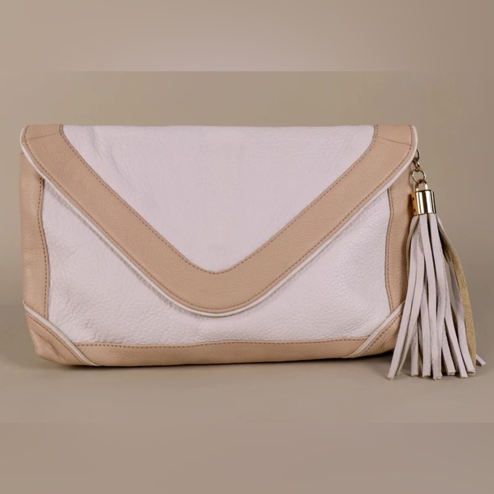 TRINA TURK Cream and Tan Envelope Clutch